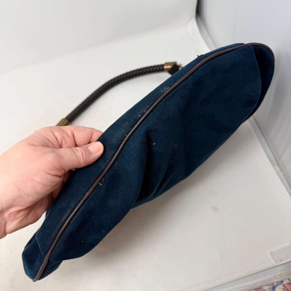 Nine West Navy Blue Faux Suede Hobo Bag Braided Handle Brass Hardware Slouchy - Picture 3 of 12